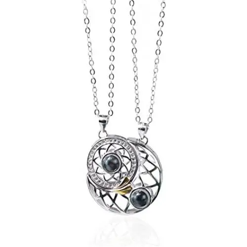 MIX Custom Sterling Silver Sun& Moon Matching Pendant Necklace with 100 Languages I Love You Projection Necklace Magnet Couple Statement MIX Custom Sterling Silver Sun& Moon Matching Pendant Necklace with 100 Languages I Love You Projection Necklace Magnet Couple Statement