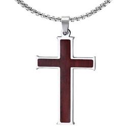 Xusamss Titanium Steel Wood Grain Cross Pendant 24'' Chain Necklace