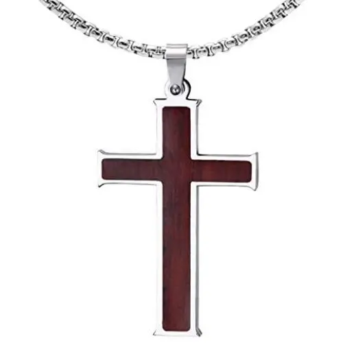Xusamss Titanium Steel Wood Grain Cross Pendant 24'' Chain Necklace Xusamss Titanium Steel Wood Grain Cross Pendant 24'' Chain Necklace
