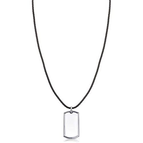 Moderne Monocle - Magnifier Pendant Necklace. Leather chain with Rhodium Dog Tag Pendant. Harley Silver
