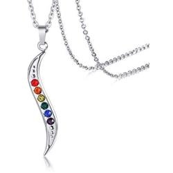 PJ Stainless Steel Rhinestone Rainbow Gay Lesbian Pride Wave Shape Pendant Necklace with 20'' Chain