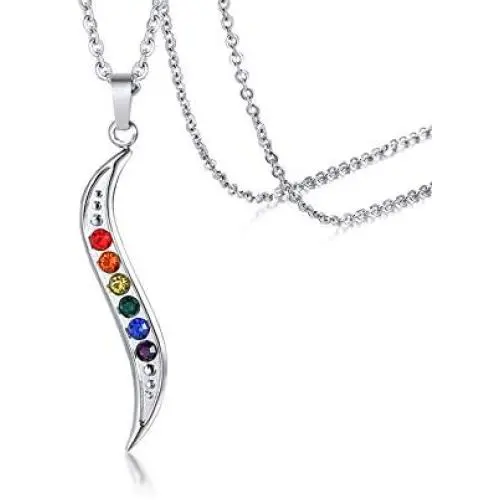 PJ Stainless Steel Rhinestone Rainbow Gay Lesbian Pride Wave Shape Pendant Necklace with 20'' Chain