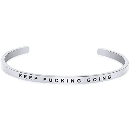 Kucheed Inspirational Bracelets, Cuff Bangle Adjustable Women Stainless Steel Mantra Quote Band Engraved Silver Motivational Friendship Encouragement Jewelry with Hidden Message for Men