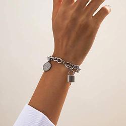 Ingemark Stainless Steel Chunky Link Chain Bracelet Love Lock Coin Pendant Bracelet for Girls Women Charm Birthday Valentines Day Jewelry Gifts