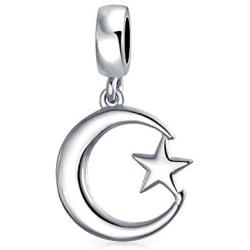 Inspirational Celestial Moon And Star Muslim Support Symbol Dangle Bead Charm For Women Teens 925 Sterling Silver Fits European Bracelet