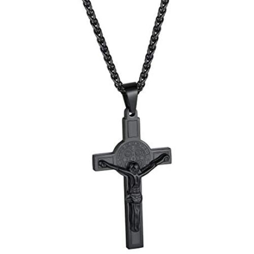 FindChic Men Cross Necklace Christian Crucifix Jewelry Stainless Steel/Black Jesus Christ Lords Prayer Engravable Pendant with 22inch Chain