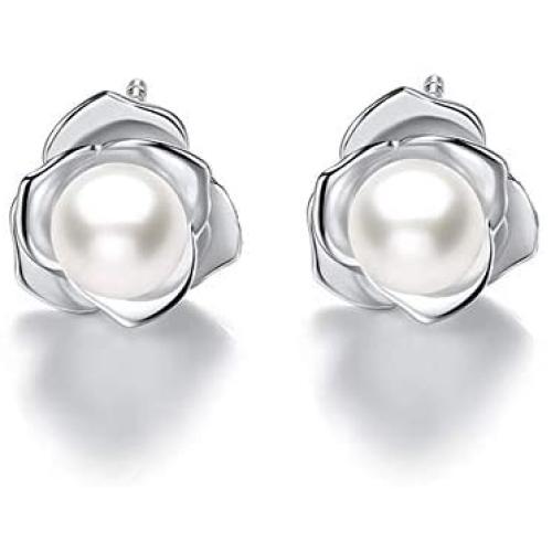 ''Lovely Rose'' High Polished 925 Sterling Silver Earrings with 7mm Natural Freshwater Pearl