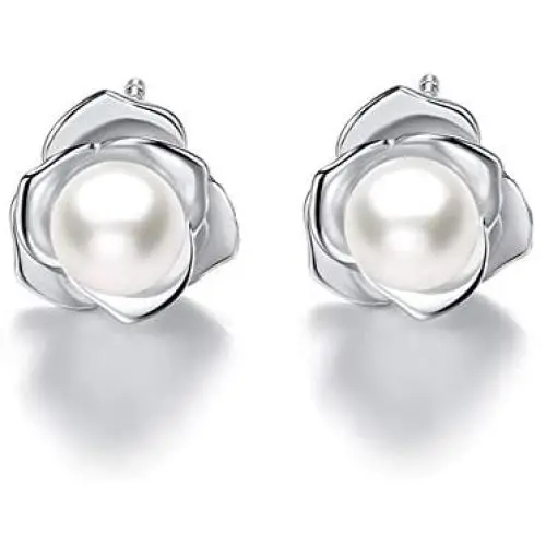 ''Lovely Rose'' High Polished 925 Sterling Silver Earrings with 7mm Natural Freshwater Pearl ''Lovely Rose'' High Polished 925 Sterling Silver Earrings with 7mm Natural Freshwater Pearl