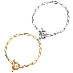 Fashion Stainless Steel Chain Bracelets 2 Pcs Punk Hypoallergenic Paperclip Geometric Oval Gold Silver Link Chain Hip Pop Bangle Jewelry for Women Men