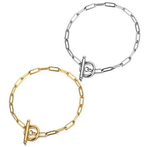Fashion Stainless Steel Chain Bracelets 2 Pcs Punk Hypoallergenic Paperclip Geometric Oval Gold Silver Link Chain Hip Pop Bangle Jewelry for Women Men