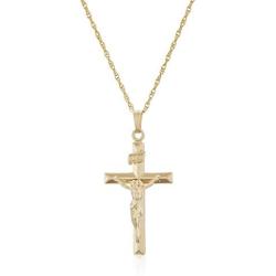 Mens 14k Gold Filled Solid Beveled Edge Embossed Crucifix Cross with Gold Plated Stainless Steel Chain Pendant Necklace, 18''