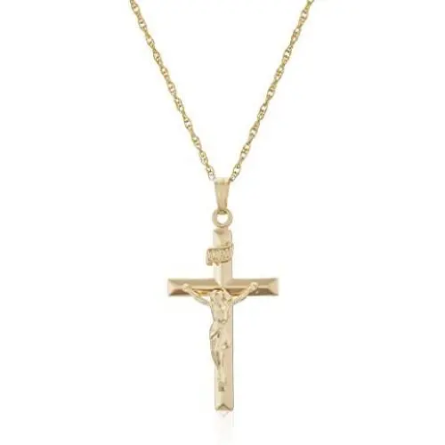 Mens 14k Gold Filled Solid Beveled Edge Embossed Crucifix Cross with Gold Plated Stainless Steel Chain Pendant Necklace, 18''