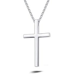 Carleen White Gold Plated High Polished Solid 925 Sterling Silver Large Mens Cross Crucifix Pendant Necklace Chain Jewelry For Men Boys, With 20 Inch Strong Durable Solid Silver Rolo Chains Lobster Clasp