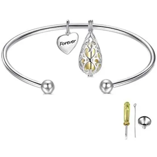 S925 Sterling Silver Forever in My Heart Teardrop Love Heart Memorial Pendant Bangle Bracelets with Hollow Urn Keepsake Cremation Jewelry for Ashes
