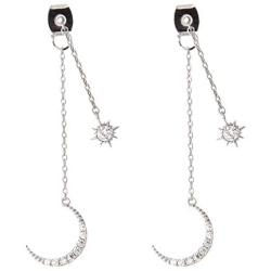 LAONATO CZ Crescent Moon and Star Chain Drop Earrings Ear Jackets