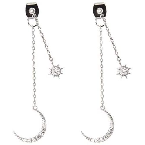 LAONATO CZ Crescent Moon and Star Chain Drop Earrings Ear Jackets