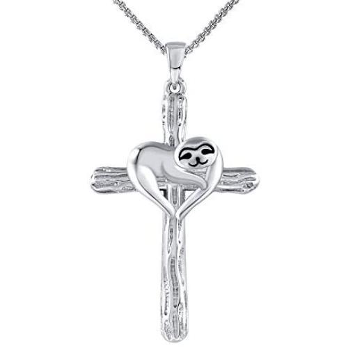 GRECIA White Gold Sloth Necklace for Women Girls, Silver Cross Pendant Necklace Jewelry Gift for Her on Anniversary, Birthday