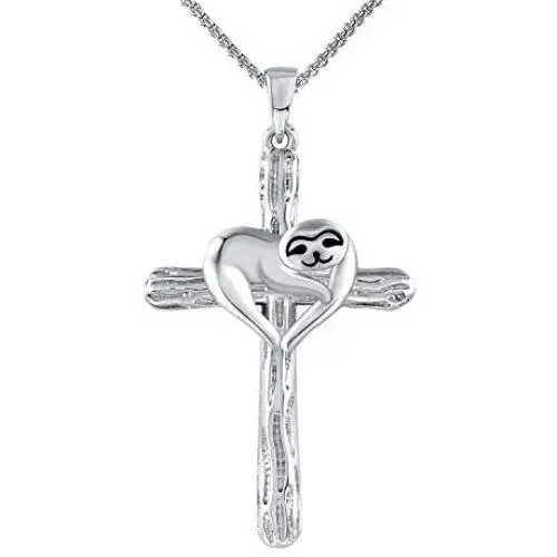 GRECIA White Gold Sloth Necklace for Women Girls, Silver Cross Pendant Necklace Jewelry Gift for Her on Anniversary, Birthday