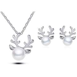 Elk Reindeer Deer Horn Pendant Necklace Simulated Pearl Stud Earrings Set for Women Girls Crystal Cute Xmas Jewelry Set