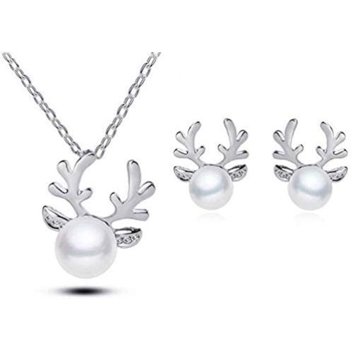Elk Reindeer Deer Horn Pendant Necklace Simulated Pearl Stud Earrings Set for Women Girls Crystal Cute Xmas Jewelry Set