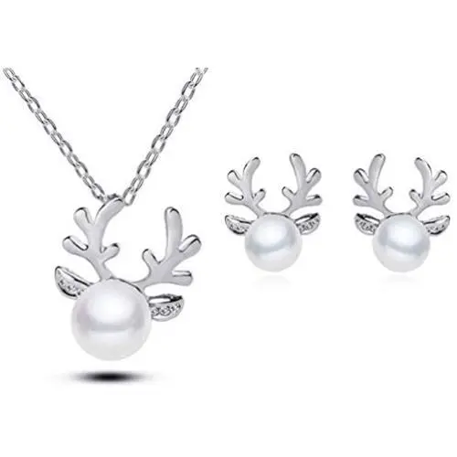 Elk Reindeer Deer Horn Pendant Necklace Simulated Pearl Stud Earrings Set for Women Girls Crystal Cute Xmas Jewelry Set