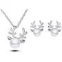 Elk Reindeer Deer Horn Pendant Necklace Simulated Pearl Stud Earrings Set for Women Girls Crystal Cute Xmas Jewelry Set
