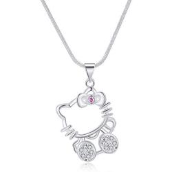 UUONLY Hello Kitty Necklace, Pink Kitty Cat Necklace-Silver Plated Pink Cat Pendant Necklace, Birthday Gift for Hello Kitty Fans, Hello Kitty Gifts for Women etc, 17.71'' , Pink