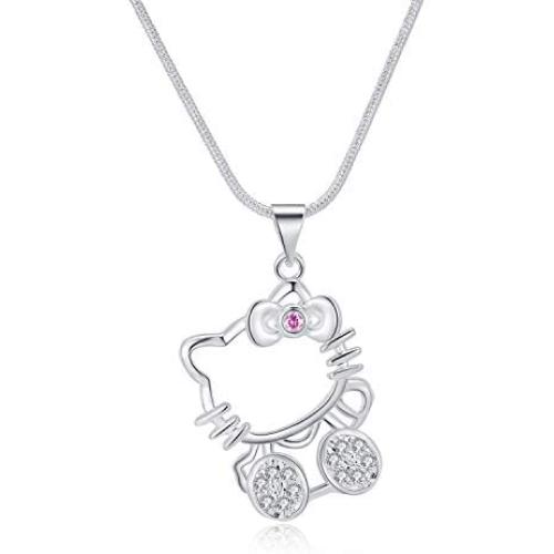 UUONLY Hello Kitty Necklace, Pink Kitty Cat Necklace-Silver Plated Pink Cat Pendant Necklace, Birthday Gift for Hello Kitty Fans, Hello Kitty Gifts for Women etc, 17.71'' , Pink