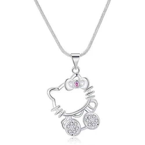 UUONLY Hello Kitty Necklace, Pink Kitty Cat Necklace-Silver Plated Pink Cat Pendant Necklace, Birthday Gift for Hello Kitty Fans, Hello Kitty Gifts for Women etc, 17.71'' , Pink