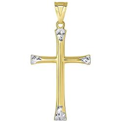 14k Yellow Gold Textured Two Tone Slender Plain Cross Pendant