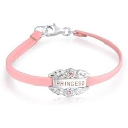 Small Heart Leather Pink Princess Word Name Plate ID Bracelet For Women For Teen 925 Sterling Silver 6 Inch