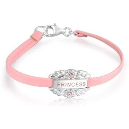 Small Heart Leather Pink Princess Word Name Plate ID Bracelet For Women For Teen 925 Sterling Silver 6 Inch