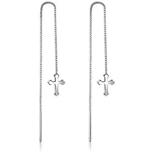 925 Sterling Silver Simple Cross Religious Style Earrings
