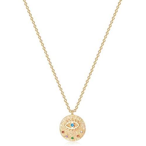 VACRONA Evil Eye Necklace for Women 18k Gold Plated Textured Disk Necklace Shark Tooth Necklace Multicolored CZ Turquoise Protection Heart Pendent Hamsa Minimallist Layering Coin Necklace