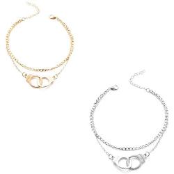 2 Pcs Delicate Layered Handcuffs Anklets Boho Silver Plated Gold Plated Fashion Anklet Summer Beach Elegant Anklet for Women Girls Jewelry