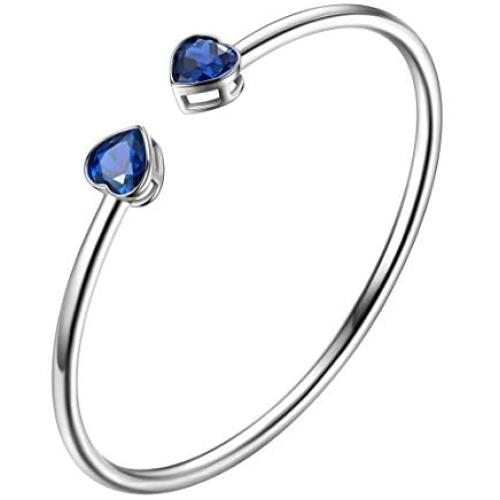 beautlace Birthstone Double Heart Adjustable Braceletss Silver Plated Birth Stone Open Bracelets Birthday Gifts Jewelry for Girls and Women KB0018
