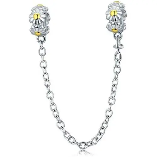 Stackable Daisy Flower Safety Chain Stopper Charm 925 Sterling Silver Bead for European Charm Bracelet Stackable Daisy Flower Safety Chain Stopper Charm 925 Sterling Silver Bead for European Charm Bracelet