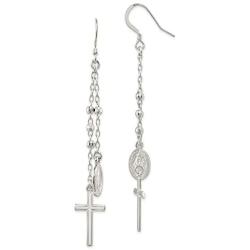 Solid 925 Sterling Silver Miraculous Medal and Cross Hook Earrings