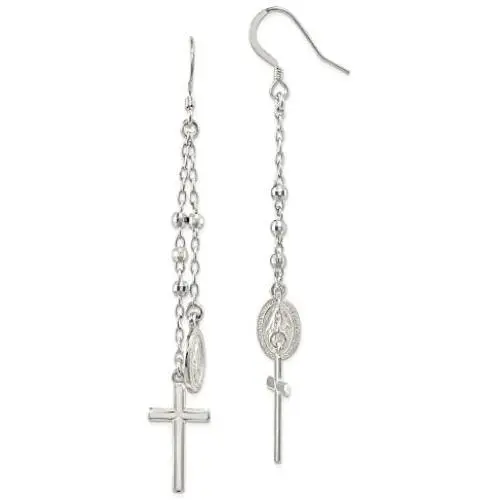 Solid 925 Sterling Silver Miraculous Medal and Cross Hook Earrings Solid 925 Sterling Silver Miraculous Medal and Cross Hook Earrings