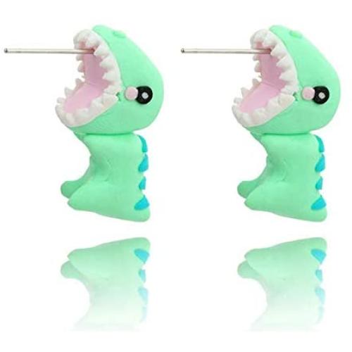 Tattooshe Fashion Stud Earrings Soft Pottery Dinosaur Earrings Green Fine Jewelry for Women Child Girls