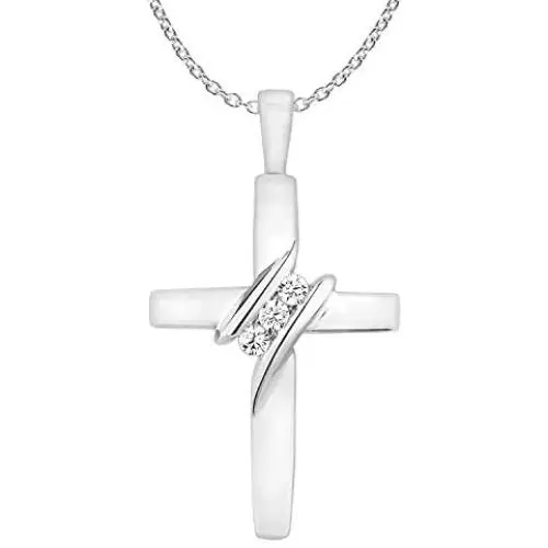 10k Diamond Three-Stone Cross Pendant Necklace Religious Jewelry (0.05cttw, I-J/I2-I3) 18''