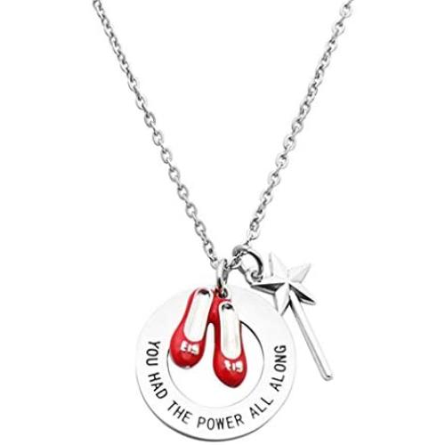 Beeshion Wizard of Oz Necklace Stainless Steel Charm with Ruby Red Slippers Pendant Necklace Inspirational Gift for Her