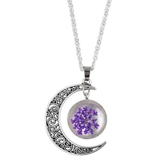 YAZILIND Hollow Moon Necklaces Dried Flower Hemisphere Glass Pendant Chain Necklace Women Birthday Jewellery Gift