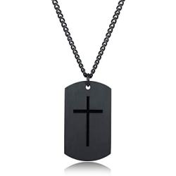 JAYUMO Mens Fashion Stainless Steel Military Cross Dog Tag Pendant Necklace Curb Chain 22-24 Inch，Black, Silver