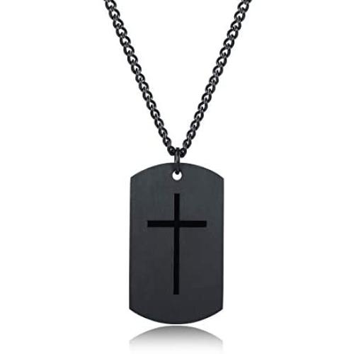 JAYUMO Mens Fashion Stainless Steel Military Cross Dog Tag Pendant Necklace Curb Chain 22-24 Inch，Black, Silver