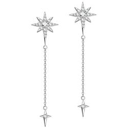 FANCIME Sterling Silver Starburst Star Long Tassels Drop Dangle Earrings/Necklace North Star Drop Y Shaped Lariat Polaris Necklace CZ Cubic Zirconia Dainty Fine Jewelry Set Gifts for Women Girls Mom