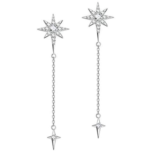 FANCIME Sterling Silver Starburst Star Long Tassels Drop Dangle Earrings/Necklace North Star Drop Y Shaped Lariat Polaris Necklace CZ Cubic Zirconia Dainty Fine Jewelry Set Gifts for Women Girls Mom