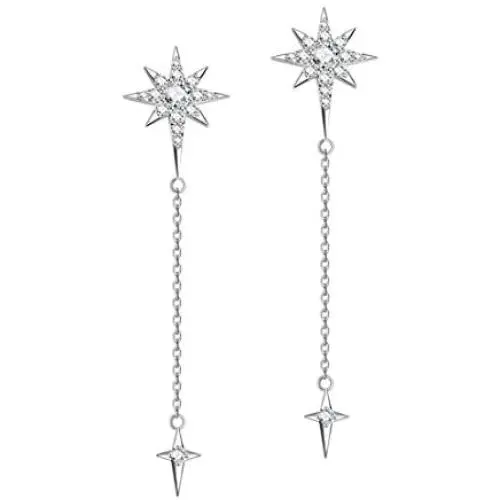 FANCIME Sterling Silver Starburst Star Long Tassels Drop Dangle Earrings/Necklace North Star Drop Y Shaped Lariat Polaris Necklace CZ Cubic Zirconia Dainty Fine Jewelry Set Gifts for Women Girls Mom