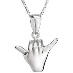 Sterling Silver Hawaiian Shaka Hang Loose Necklace Pendant with 18'' Box Chain