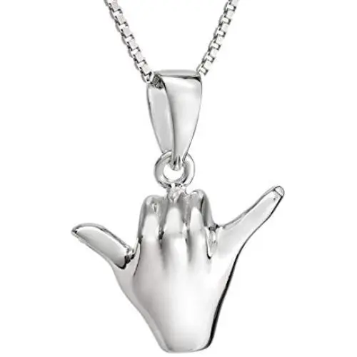 Sterling Silver Hawaiian Shaka Hang Loose Necklace Pendant with 18'' Box Chain Sterling Silver Hawaiian Shaka Hang Loose Necklace Pendant with 18'' Box Chain